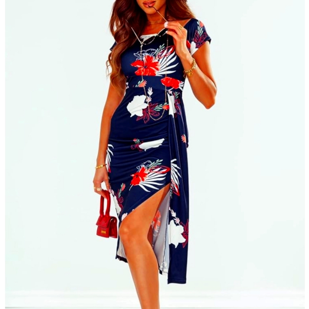 EUC Floral Hawaiian Tropical Wrap Dress with Leg Slit